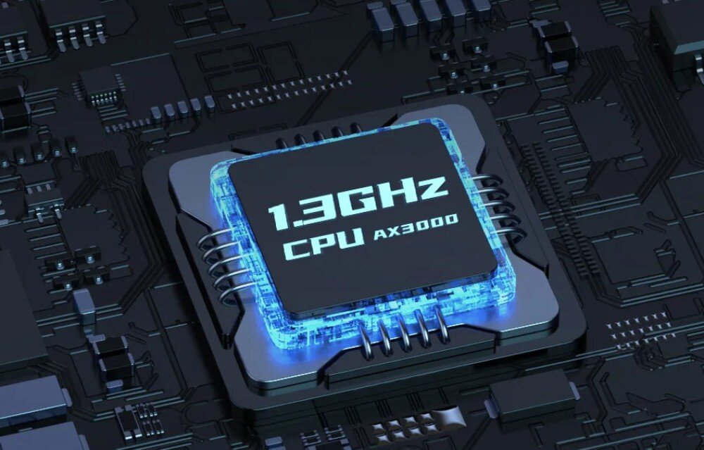 Obraz przedstawia procesor z napisem \'1.3GHz CPU AX3000\' umieszczony na płycie głównej z widocznymi ścieżkami i elementami elektronicznymi.