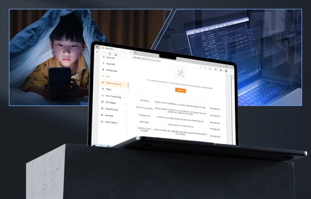 Na pierwszym planie znajduje się laptop z otwartą stroną ustawień sieciowych. W tle widoczne są dwa obrazy: dziecko pod kocem z telefonem oraz laptop z wyświetlonym kodem na ekranie.