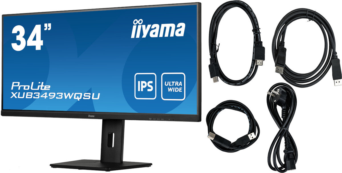 Monitor IIYAMA ProLite XUB3493WQSU-B5 opakowanie zawartość akcesoria zestaw okablowanie dokumentacja
