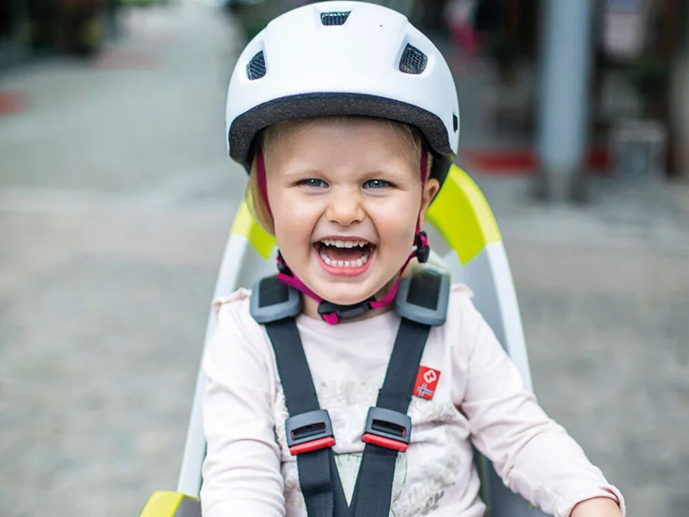 Fotelik rowerowy HAMAX Amaze Szaro-limonkowy odblaski szelki paski rower z bagażnikiem bez