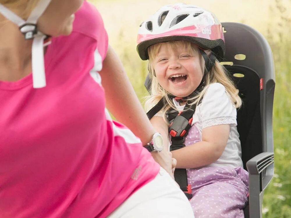 Fotelik rowerowy HAMAX Smiley Szaro-czerwony podpórka na stopy podłokietniki oparcie wyściółka