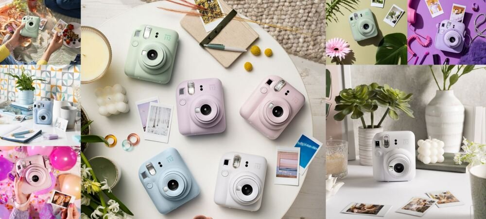 Aparat FUJIFILM Instax Mini 12  zdjęcia drukowanie drukarka wkłady filmy rozdzielczość bateria obiektyw pojemność tryby filtry łączność smartfon aplikacja sterowanie ogniskowa przysłona migawka lampa błyskowa wymiary ekran wizjer waga zapis karta pamięć 