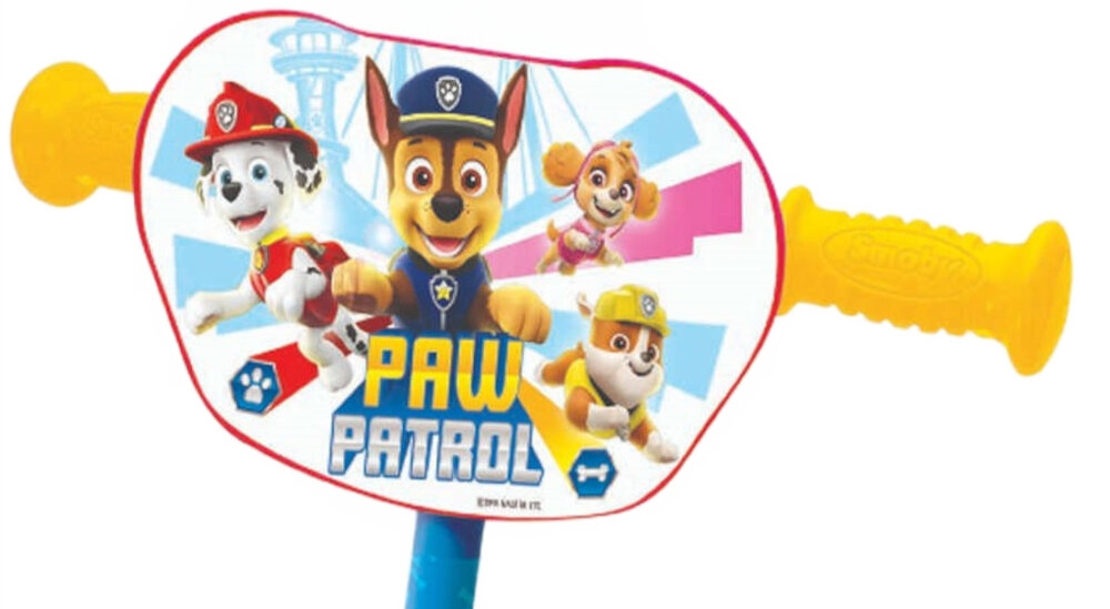 Hulajnoga dla dzieci SMOBY Psi Patrol 750190 Niebiesko-żółty standardowa kierowania z antypoślizgowymi uchwytami miękki materiał regulowana wysokość 67 i 70  plakietka na kierownicy pieski z Psiego Patrolu