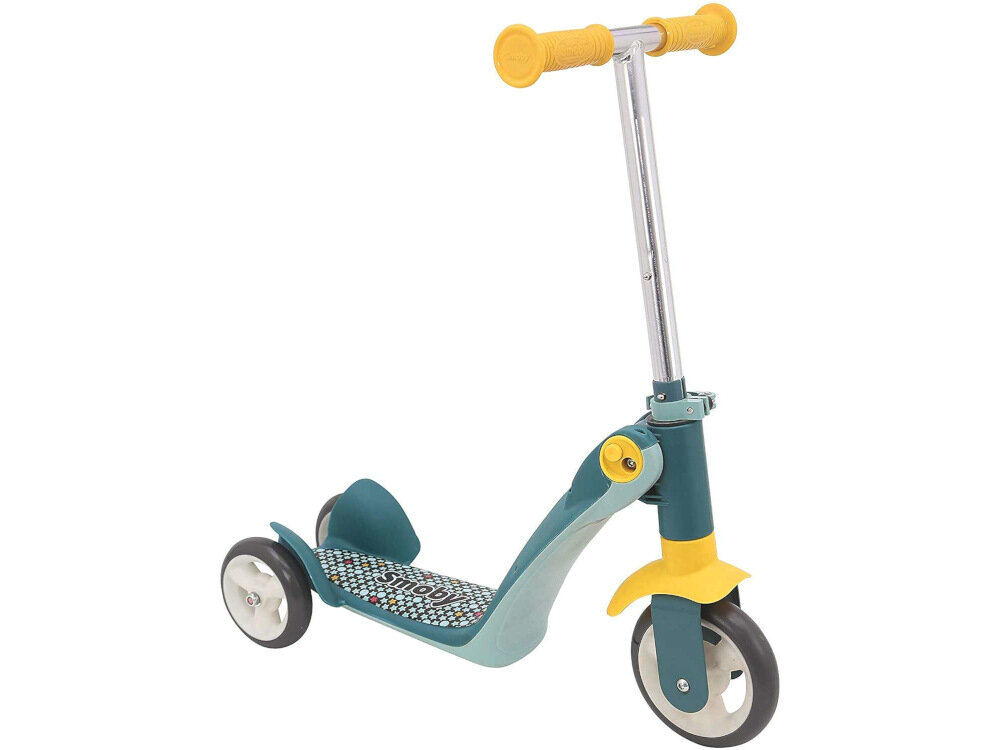Hulajnoga dla dzieci SMOBY 2w1 750612 Niebiesko-żółty łatwe przstawienie z hulajnogi na jeździk różne poziomy trudności ćwiczy motorykę siłę i mięśnie nóg utrzymywanie równowagi koordynację ruchową