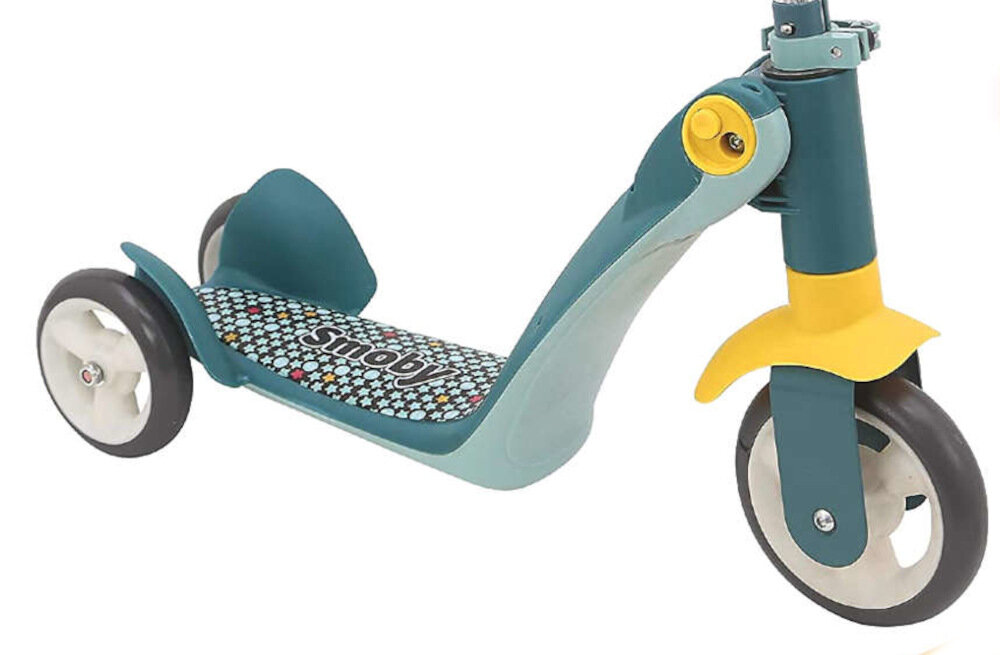 Hulajnoga dla dzieci SMOBY 2w1 750612 Niebiesko-żółty rama wytrzymała aluminiowa w niebiesko-żółtej kolorystyce dla dzieci powyżej 2 roku życia jeździk dla dzieci powyżej 18 miesiąca życia szeroki podest stabilne podparcie