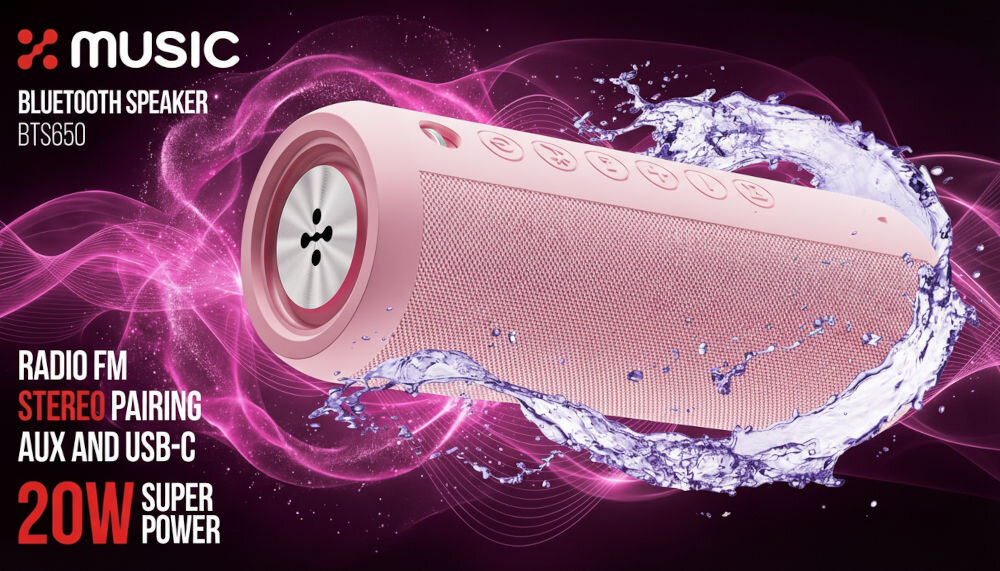 Głośnik mobilny XMUSIC BTS650P głośnik bezprzewodowy Bluetooth XMUSIC BTS650P o mocy 20W z radiem FM i USB-C, przedstawiony na tle dynamicznych różowych rozbłysków i rozbryzgów wody.