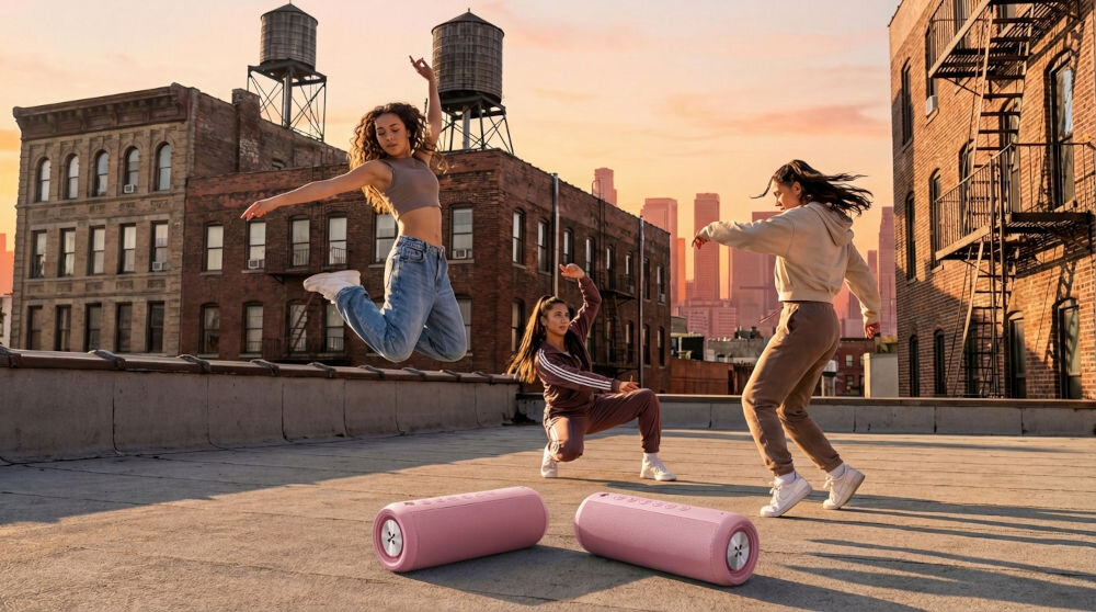 Głośnik mobilny XMUSIC BTS650P Dwa głośniki XMUSIC połączone w tryb stereo (TWS) na dachu budynku, towarzyszące grupie tancerzy podczas treningu o zachodzie słońca.