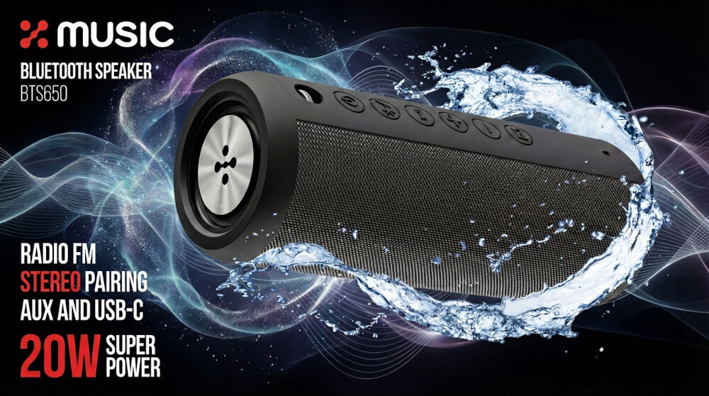 Głośnik mobilny XMUSIC BTS650K głośnik bezprzewodowy Bluetooth XMUSIC BTS650K o mocy 20W z radiem FM i USB-C, przedstawiony na tle dynamicznych różowych rozbłysków i rozbryzgów wody.