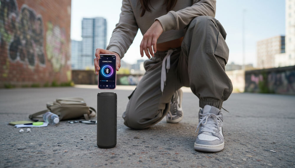 Głośnik mobilny XMUSIC BTS650K Osoba łącząca smartfon z głośnikiem XMUSIC za pomocą Bluetooth; widoczny interfejs parowania na ekranie telefonu w miejskiej scenerii.