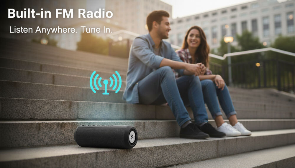 Głośnik mobilny XMUSIC BTS650K głośnik XMUSIC BTS650K odtwarzający radio FM na schodach w mieście, w tle para odpoczywająca na świeżym powietrzu.