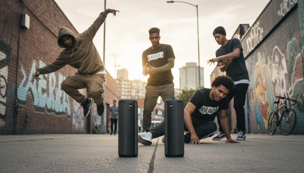 Głośnik mobilny XMUSIC BTS650K Dwa głośniki XMUSIC połączone w tryb stereo (TWS) na dachu budynku, towarzyszące grupie tancerzy podczas treningu o zachodzie słońca.