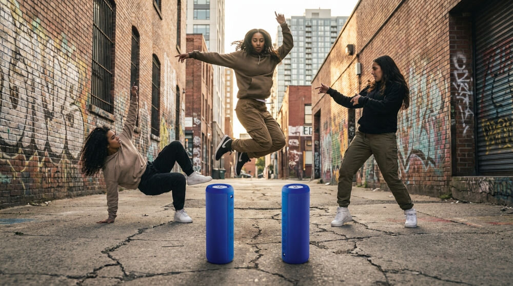 Głośnik mobilny XMUSIC BTS650B Dwa głośniki XMUSIC połączone w tryb stereo (TWS) na dachu budynku, towarzyszące grupie tancerzy podczas treningu o zachodzie słońca.