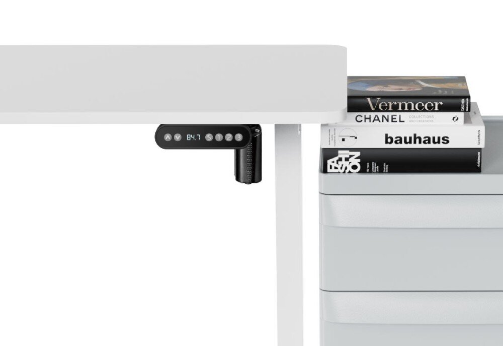 Stelaż biurka MOZOS EDF-PRO Grafika przedstawiająca metalowy stelaż biurka z przezroczystym zarysem blatu oraz oddzielnym panelem sterującym z przyciskami i wyświetlaczem, sterowanie, obsługa, kabel zasilający