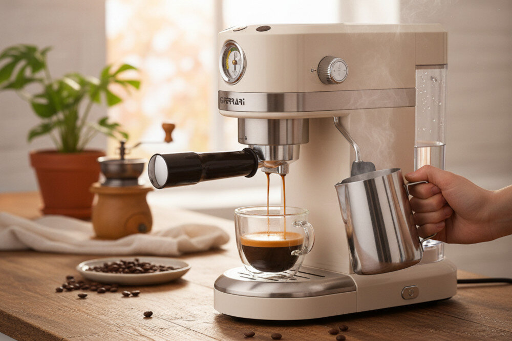 Ekspres G3FERRARI Amarcord G10168 zdjęcie lifestyle Pełny aromat espress Ciśnienie 15 baro moc 1230–1465 W intensywny smak i bogaty aromat kawy agrzewa się w około 30 sekund