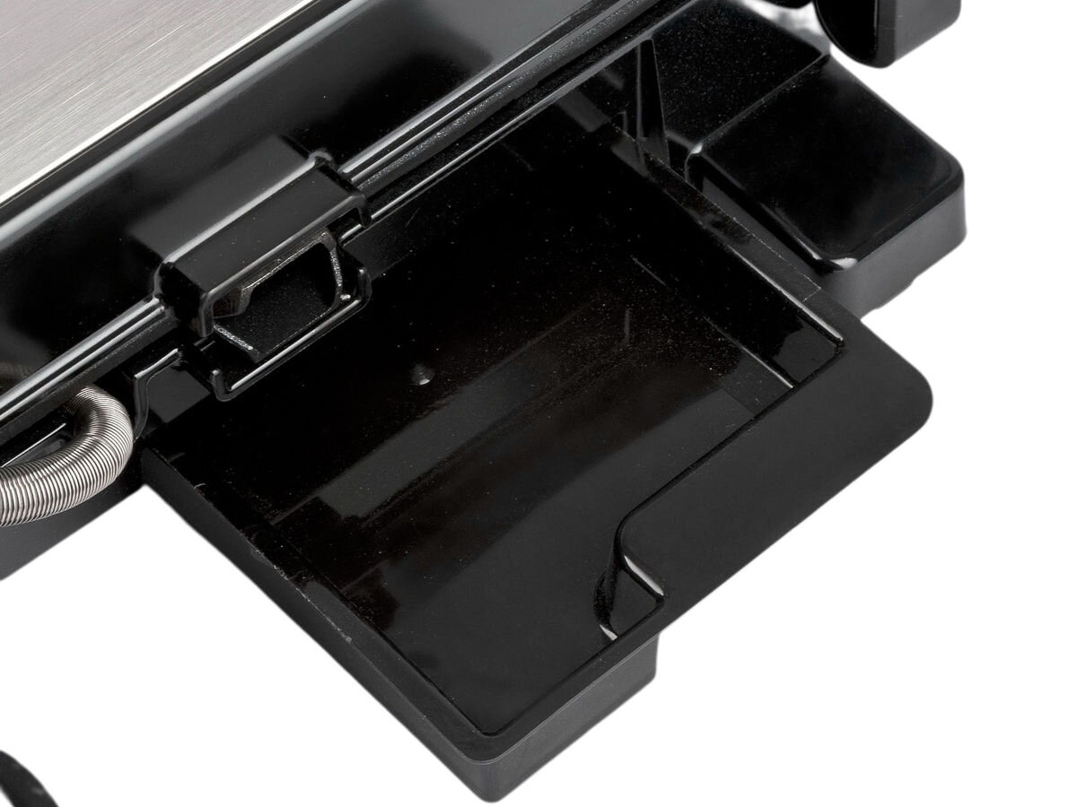 Grill elektryczny G3FERRARI Lavica Easy G10161, powerzchnia, przywieranie, wbudowany, konstrukcja, na białym tle zbliżenie na tackę ociekową grilla