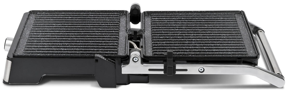 Grill elektryczny G3FERRARI Lavica Easy G10161, pozycja, tradycyjny, otwarcie, kontaktowy, na białym tle poziomowo pokazany rozłożony grill w  180 stopniach