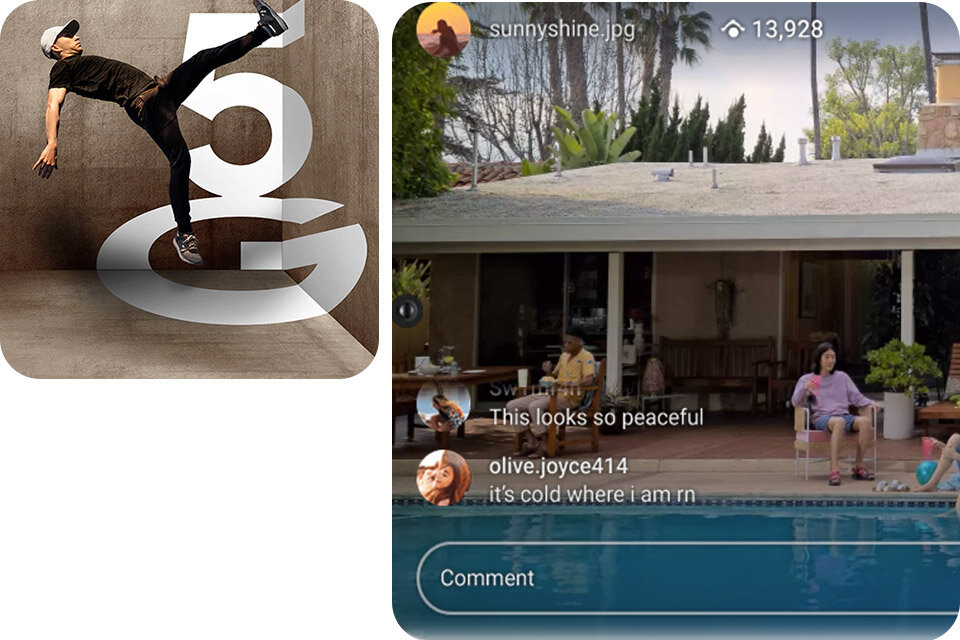 Niezwykle szybki streaming i ściąganie plików jest możliwe dzięki sieci 5G dostępnej za pośrednictwem smartfona Samsung Galaxy A33 Niezwykle szybki streaming i ściąganie plików jest możliwe dzięki sieci 5G dostępnej za pośrednictwem smartfona Samsung Galaxy A33