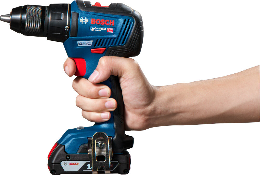 Wiertarko-wkrętarka BOSCH Professional GSR 18V-50 06019H5006 swietne parametry techniczne solidne niezawodne wysoka wydajnosc mala obudowa do pracy w drewnie metalu stali wkrecania wkretow