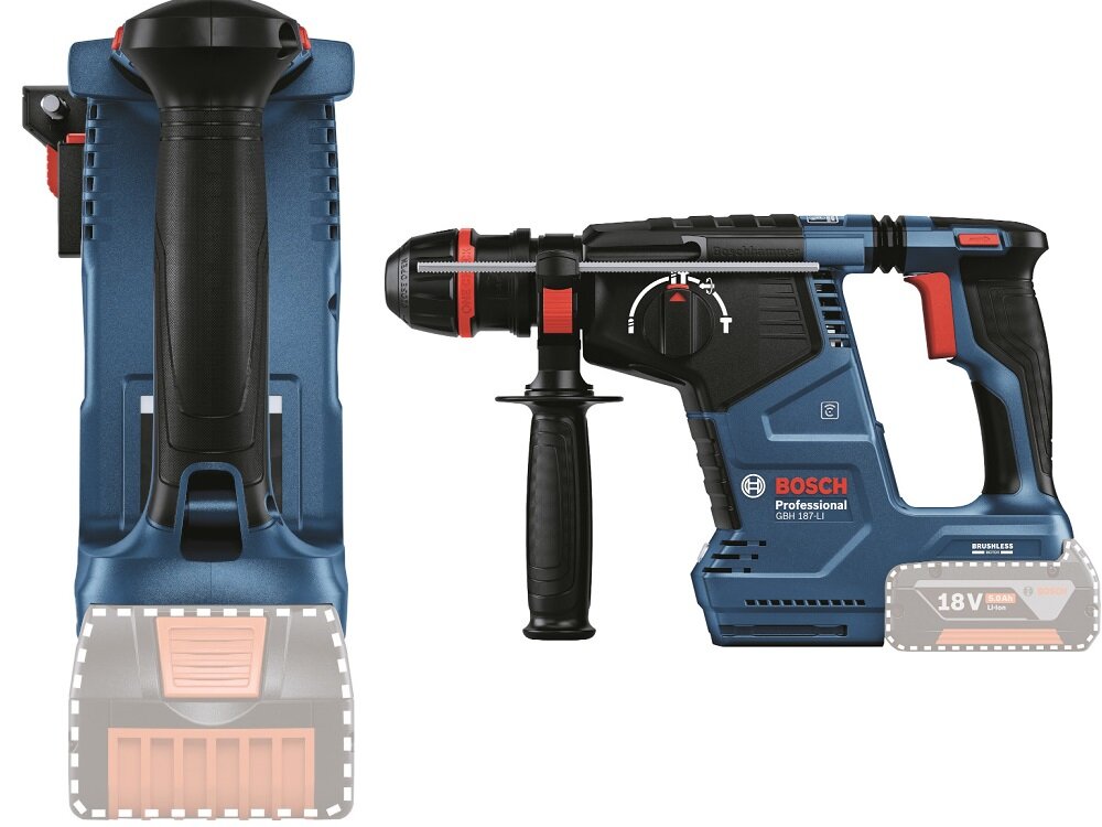 Młot udarowo-obrotowy BOSCH Professional GBH 187-LI 0611923120 konstrukcja typu L silnik ustawiony pionowo lepsze wyważenie wygodniejsza praca system SDS+ wiertła z chwytem cylindrycznym/sześciokątnym