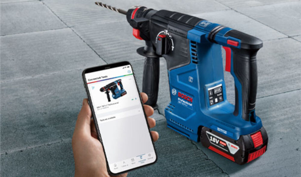 Młot udarowo-obrotowy BOSCH Professional GBH 187-LI 0611923120 łatwy w odczycie interfejs użytkownika stan naładowania akumulatora wybór trybu aplikacja Bosch PRO360