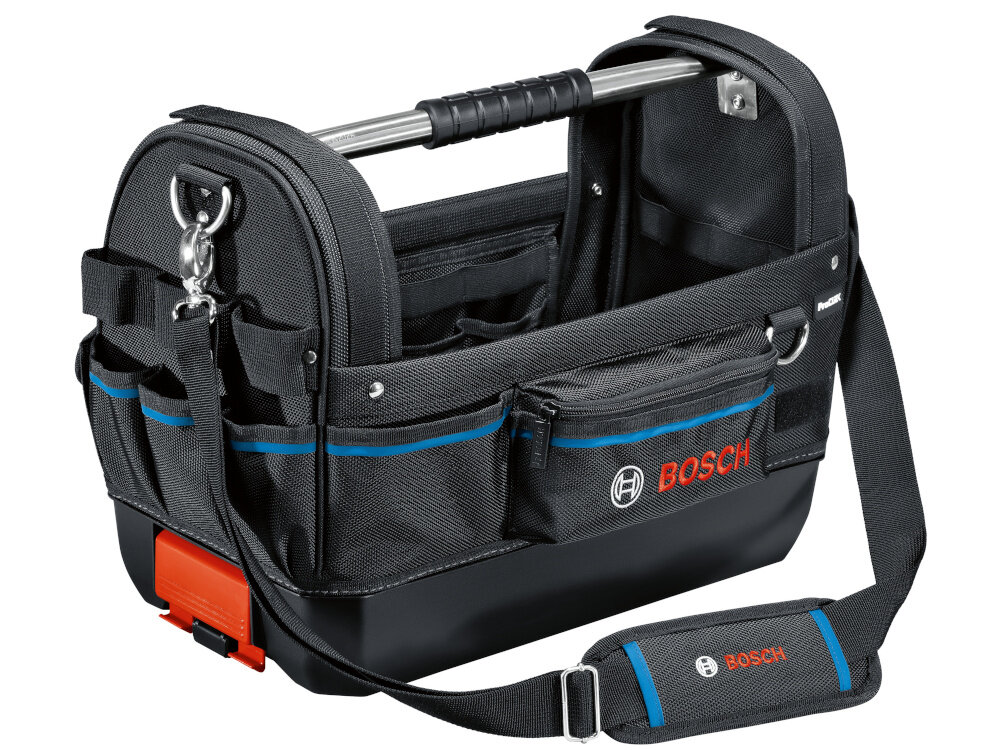 Torba narzędziowa BOSCH Professional GWT 20 torba na białym tle widoczna od przodu pod skosem przechowywanie transport przemyślana organizacja wnętrza porządek szybki dostęp