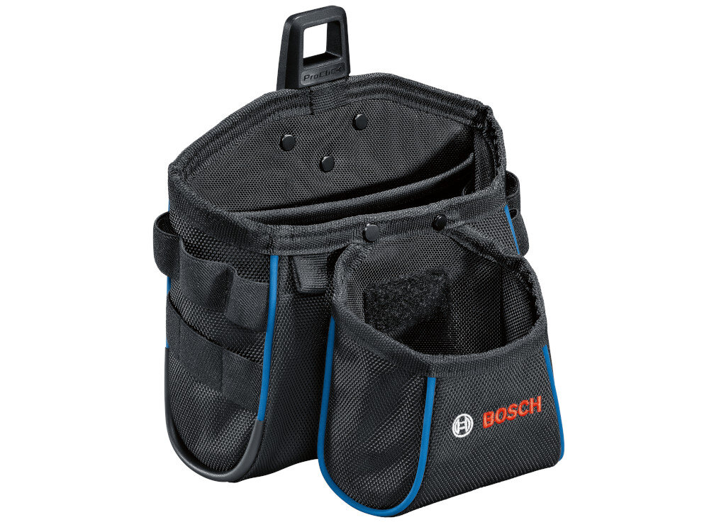 Torba narzędziowa BOSCH 1.600.A02.65S torba na białym tle widoczna od przodu pod skosem z wytrzymałego poliestru 1000D odporny na uszkodzenia mechaniczne i codzienne użytkowanie waga 0,54 kg maksymalna ładowność do 5 kg