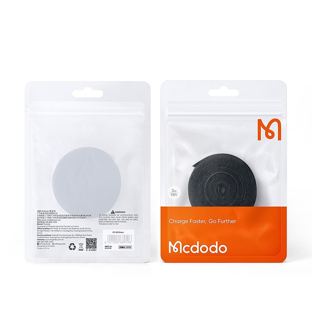 Dwa opakowania produktu Mcdodo, jedno z szarym kółkiem, drugie z czarną taśmą rzepową. Na opakowaniu z taśmą widnieje napis \'Charge Faster, Go Further\' oraz logo Mcdodo.