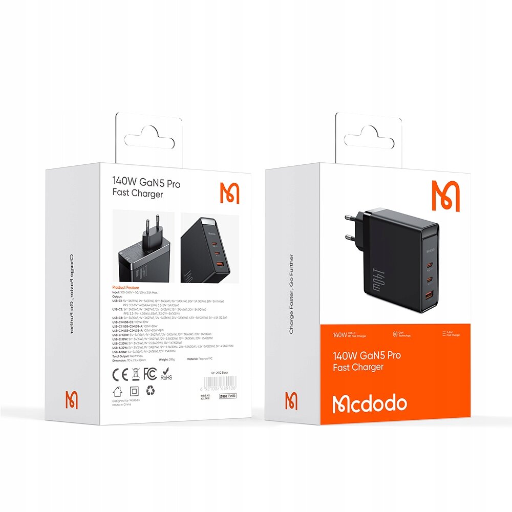 Opakowanie produktu Mcdodo Szybka Ładowarka Sieciowa 140W GaN5 Pro z trzema portami USB-C i jednym USB. Widoczne logo Mcdodo oraz szczegóły techniczne na odwrocie opakowania.