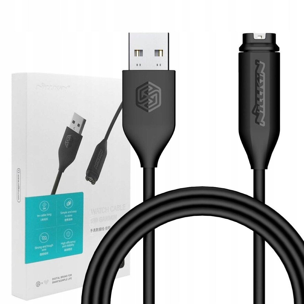 Na obrazie widoczny jest czarny kabel USB z logo Nillkin oraz opakowanie z napisem \'WATCH CABLE FOR GARMIN\'.