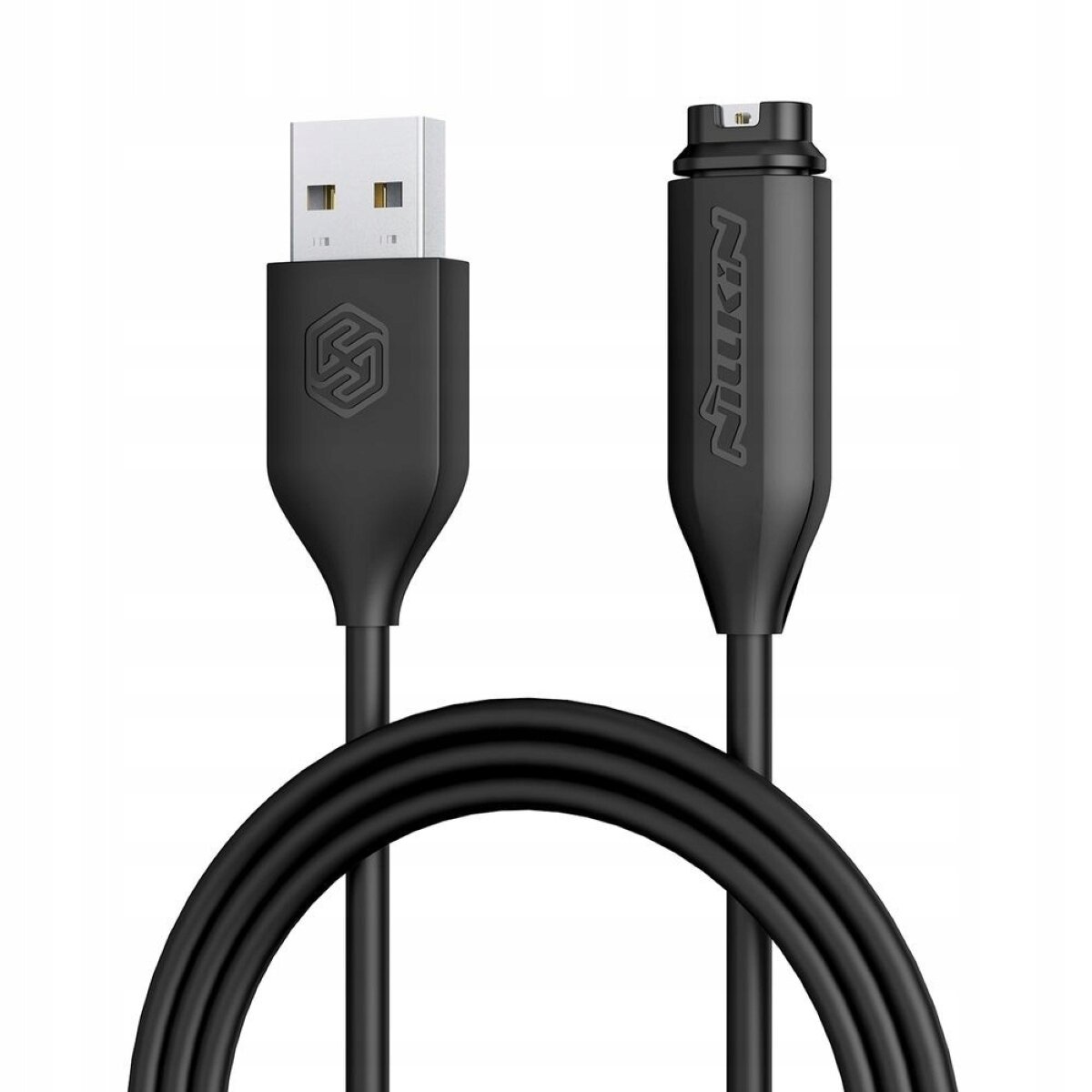 Czarny kabel USB z logo Nillkin na jednym z końców, przeznaczony do ładowania i przesyłania danych. Kabel ma złącze USB i specjalne złącze do smartwatcha.