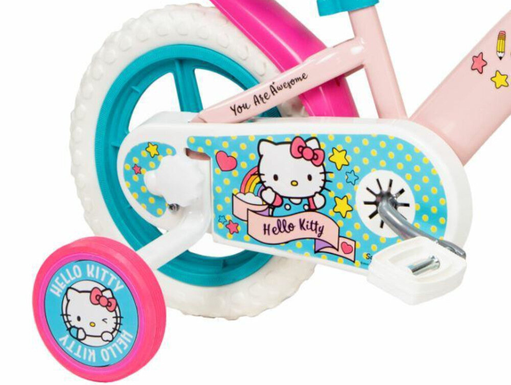 Rower dziecięcy TOIMSA Hello Kitty 14 cali dla dziewczynki 14-calowe koła łańcuch stylowa osłona z wizerunkiem Hello Kitty regularne sprawdzanie ciśnienia powietrza zalecana wartość na bocznej części opony