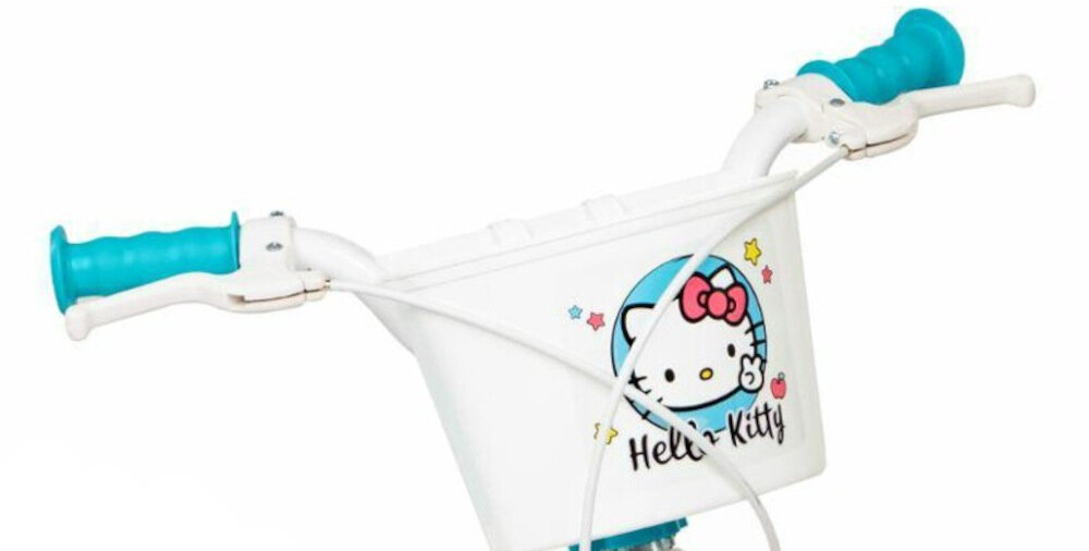 Rower dziecięcy TOIMSA Hello Kitty 14 cali dla dziewczynki ukryty kierownicy pokryte antypoślizgowym materiałem przedni koszyk na drobiazgi na kierownicy z wizerunkiem Hello Kitty