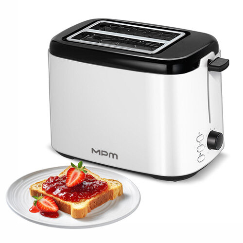 Toster MTO-07, obok talerz z tostem posmarowanym dżemem i truskawki.