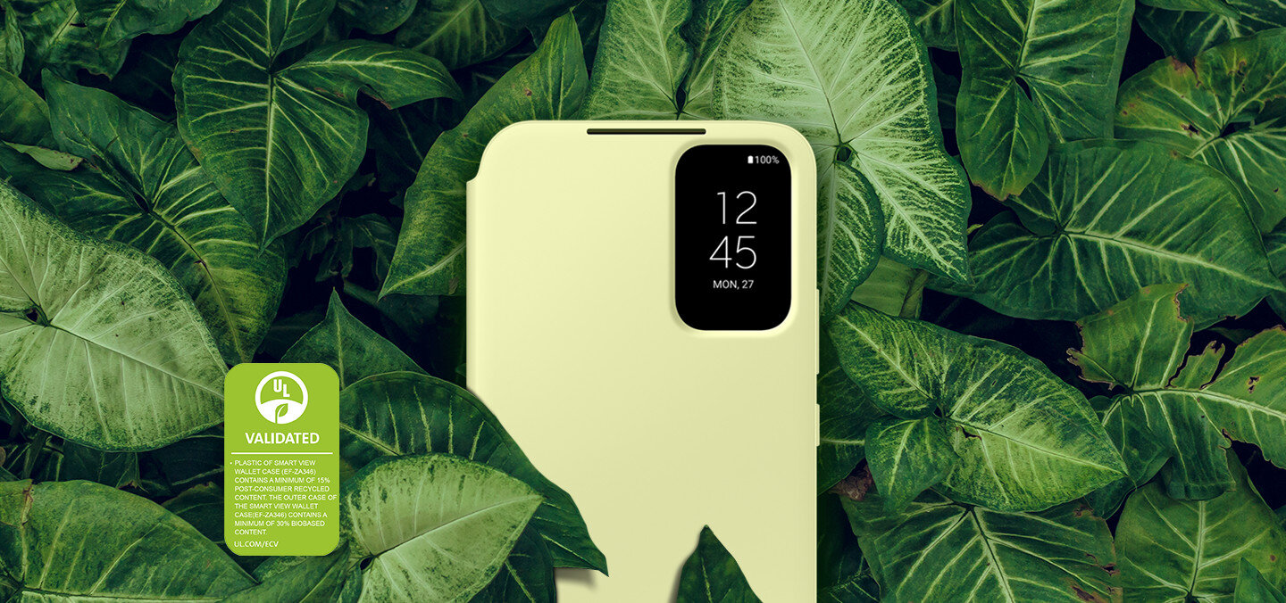 php6tgppj ef-za34604 going-green syndication pc Galaxy A34 5G w zamykanej obudowie w kolorze zielonym na tle żywo zielonych liści.