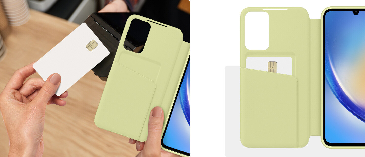 php6ll8z9 ef-za34603 your-card-safe-and-ready pc1 Karta w zamykanym etui do GalaxyA34 i dłoń wyciągająca kartę z etui.