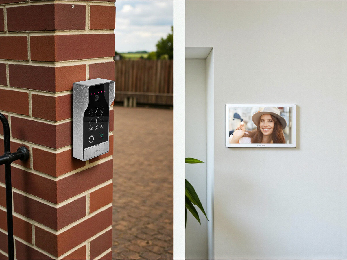 Zestaw wideodomofonowy ORNO Guardo OR-VID-MO-1076 W S Wi-Fi, komunikacja, wgląd, dostęp, ochrona, Panel zewnętrzny natynkowy z klawiaturą, czytnikiem RFID i daszkiem oraz monitor LCD na ścianie.