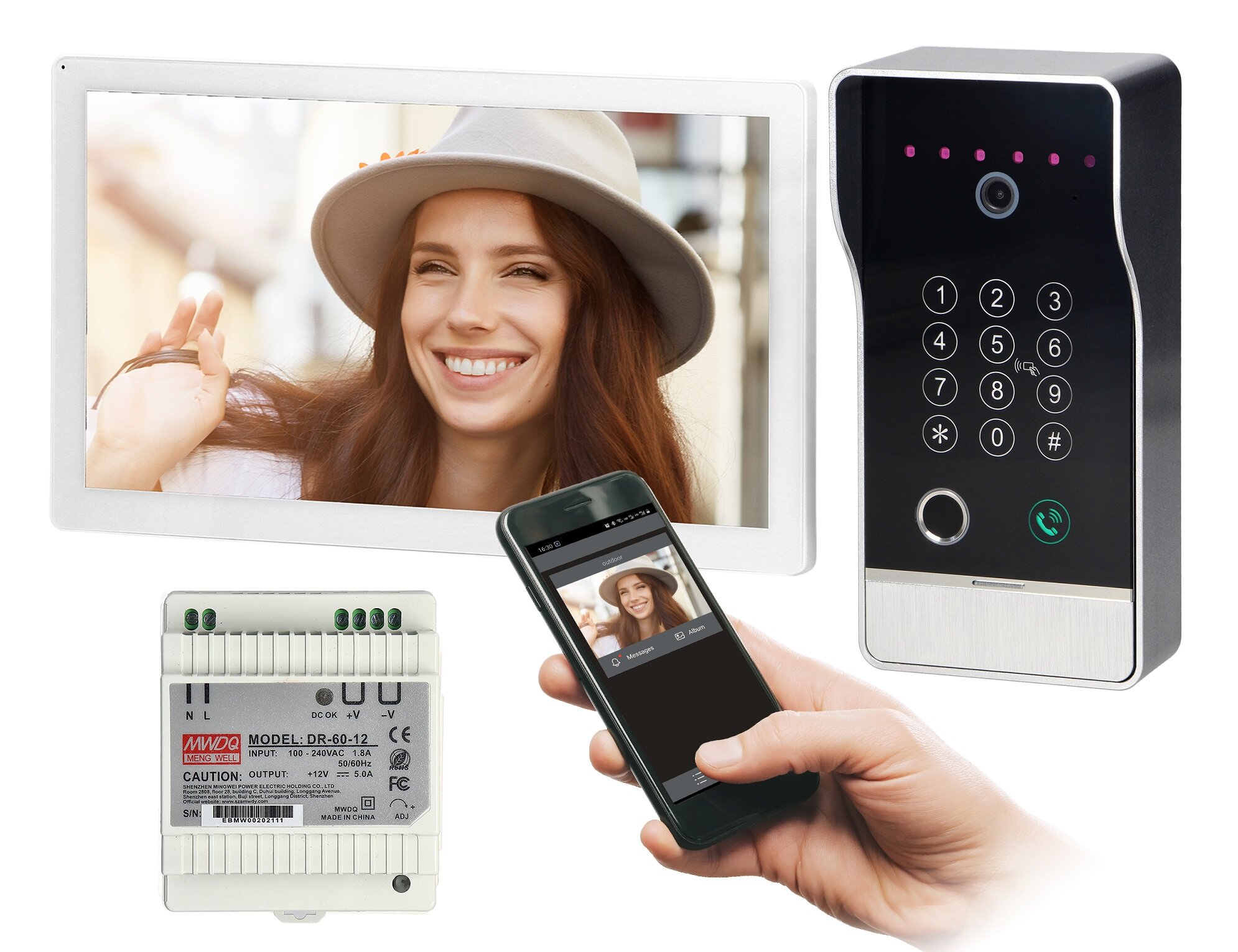 Zestaw wideodomofonowy ORNO Guardo OR-VID-MO-1076 W S Wi-Fi, panel, kamera, szyfrator, bezpieczeństwo, Kompletny zestaw: panel, monitor, zasilacz, breloki RFID i aplikacja na telefon — funkcjonalność mobilna.