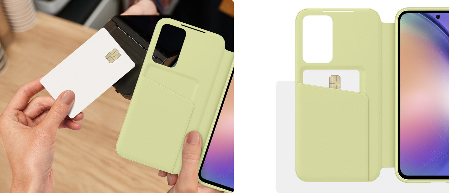 phpcylk57 ef-za54603 carry-your-everyday-essentials-safe-with-your-phone pc1 Otwarta obudowa do Galaxy A54 z kartą w wewnętrznej kieszeni po prawej, po lewej dłoń wyjmująca kartę z obudowy.