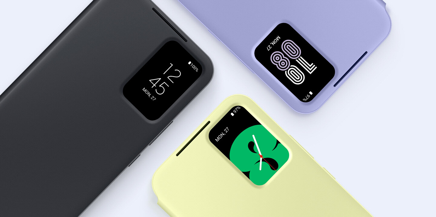 phpgdwd0b ef-za54601 display-window-at-a-glance pc Samsung Galaxy A54 w obudowie czarnej, limonkowej i fioletowej.