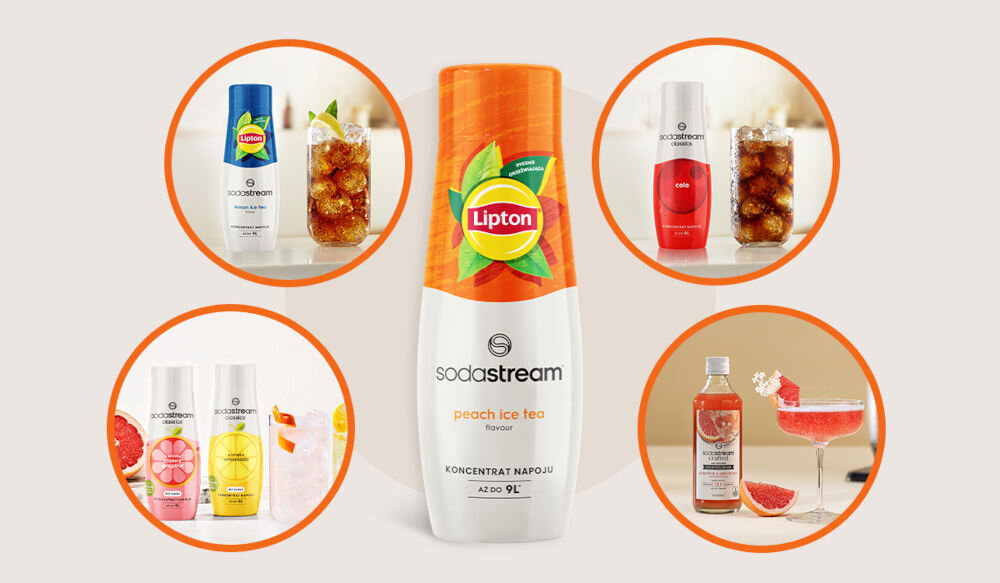 Syrop do saturatorów SODASTREAM Lipton Ice Tea Brzoskwinia 440 ml jasne tło butelki syropów napoje w szklankach i w kieliszku Terra codzienna wygoda Art retro styl Enso elegancka forma minimalizm napełnienie butelki zimną wodą naciśnięcie przycisku  1-3 naciśnięcia woda lekko gazowana 3-4 przyciśnięcia woda średnio gazowana 5 przyciśnięć mocny gaz Jeden nabój CO₂ do 60 litrów wody zawsze pod ręką bąbelkowa rewolucja 