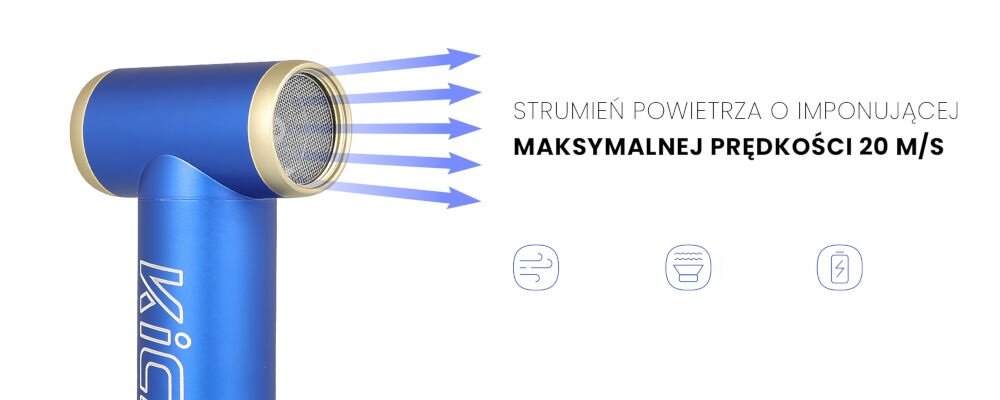 Dmuchawa wielofunkcyjna FeiyuTech KiCA JetFan 2 Niebieski białe tło cztery dmuchawy zielona niebieska czerwona czarna złote elementy suwaki wysoka funkcjonalność stylowy design bezszczotkowy silnik 101 000 obr./min silny strumień maksymalna prędkość 20 m/s do różnorodnych zastosowań lekka zaledwie 302 g z aluminium lotniczego uniwersalne narzędzie w podróży w domu w warsztacie podczas realizacji kreatywnych pomysłów