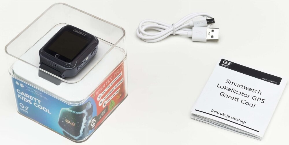 Smartwatch GARETT Kids Cool Czarny ekran bateria czujniki zdrowie sport pasek ładowanie pojemność rozdzielczość łączność sterowanie krew puls rozmowy smartfon aplikacja