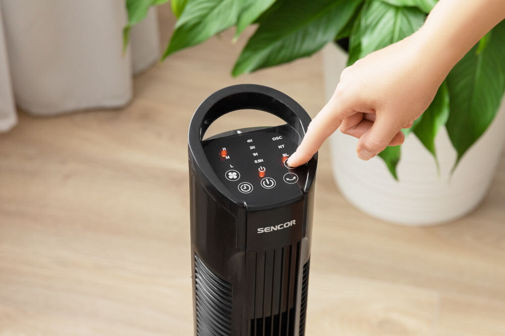 Wentylator kolumnowy SENCOR SFT 3113BK trzy prędkości pracy niska średnia wysoka pozioma oscylacja równomiernie rozprowadzone powietrze efektywne chłodzenie dotykowy panel sterowania pilot zdalnego sterowania intuicyjne dostosowanie ustawień timer zwiększona wygoda oszczędność energii