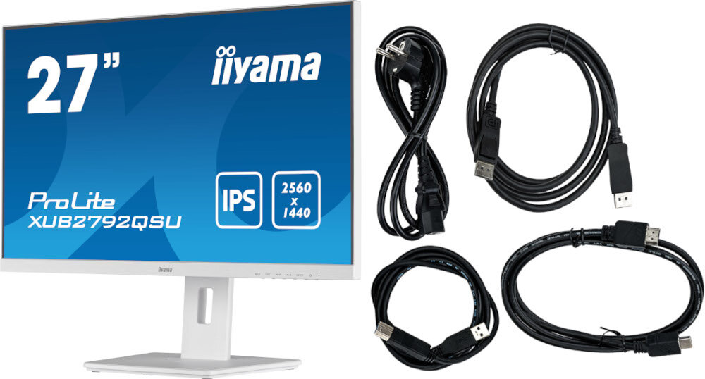 Monitor IIYAMA ProLite XUB2792QSU-W5 opakowanie Zawartość akcesoria kable dodatki