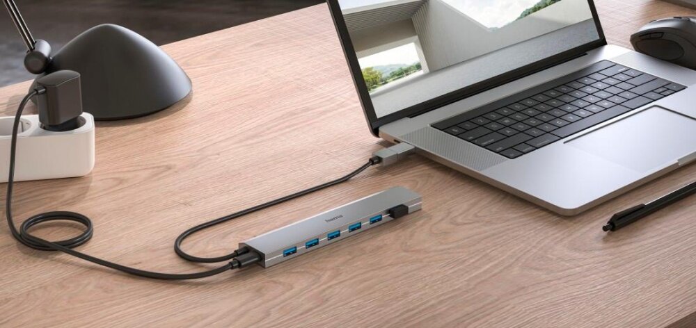 Hub HAMA 200137 zestaw zastosowanie gniazda adapter szybkość odstępy gniazda zasilacz stabilność