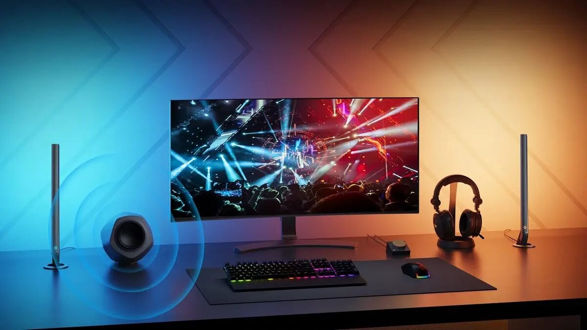 Lampka biurkowa GOVEE H6047 wbudowany tryb synchronizacji z muzka glosniki i sluchawki beda reagowas na dzwiek pulsujaceswiatli i zmiana koloru dobrane do muzyki dynamiczna reakcja niesamowite efekty swietlne