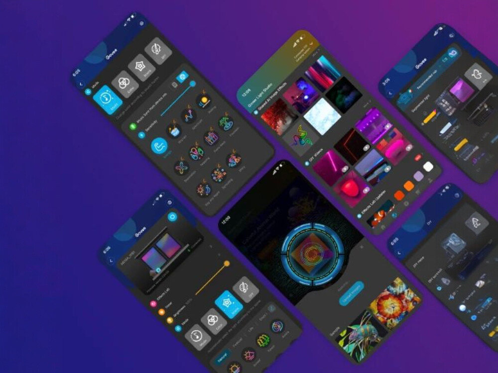 Taśma LED GOVEE H618A 5 m Wi-Fi/Bluetooth, aplikacja, Wi-Fi, sterowanie, głosowe, na fioletowym tle smartfony z włączoną aplikacją govee