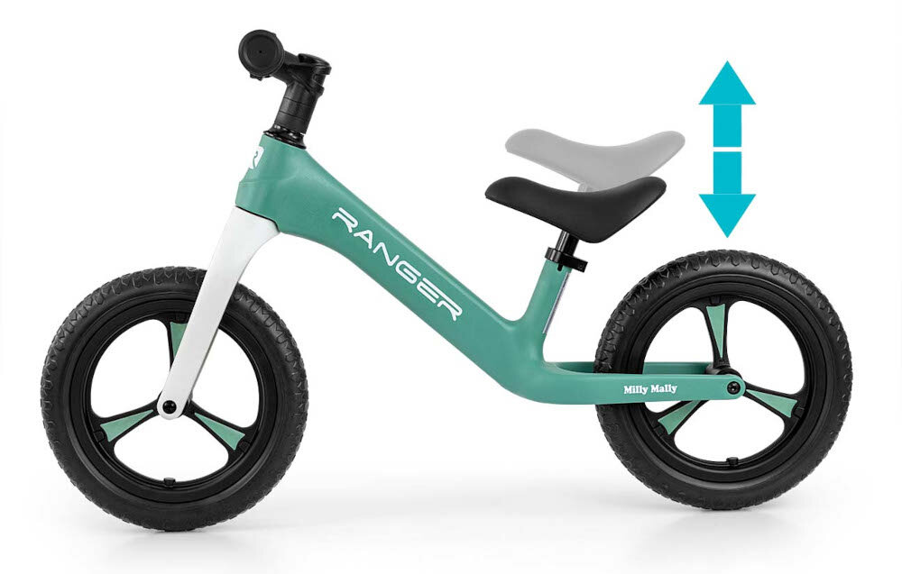 Rowerek biegowy MILLY MALLY Ranger Turkusowy regulacja wysokości siodełka w zakresie 35-41 cm siodełko zminimalizowane ryzyko występowania otarć ergonomiczna forma miękkie wykończenie