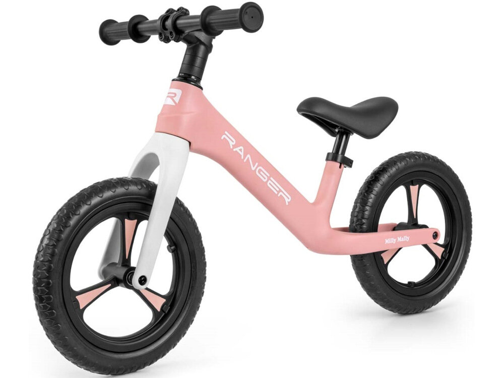Rowerek biegowy MILLY MALLY Ranger Różowy pierwszy pojazd ćiczy motorykę siłę i mięśnie nóg utrzymywanie równowagi koordynację ruchową dla dzieci powyżej 2 roku życia