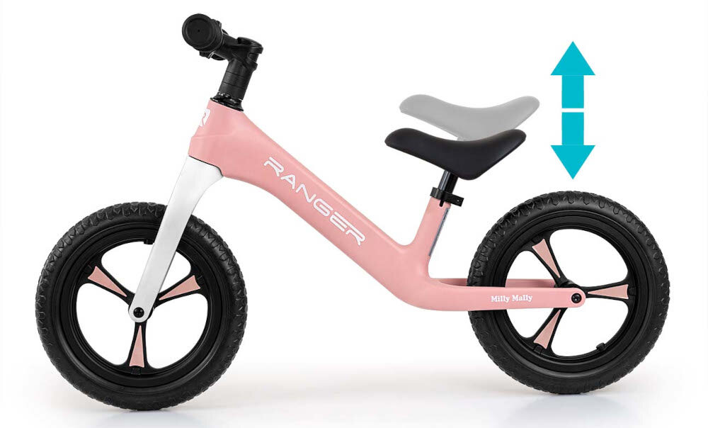 Rowerek biegowy MILLY MALLY Ranger Różowy regulacja wysokości siodełka w zakresie 35-41 cm siodełko zminimalizowane ryzyko występowania otarć ergonomiczna forma miękkie wykończenie